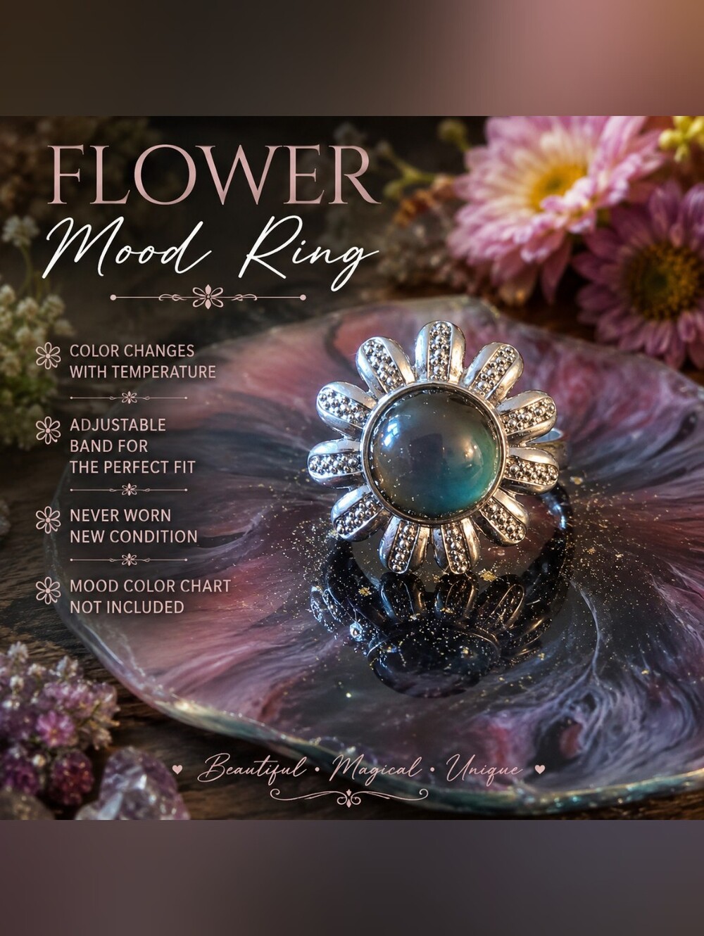 Flower Mood Ring with Adjustable Silver Tone Band - Blue/Green